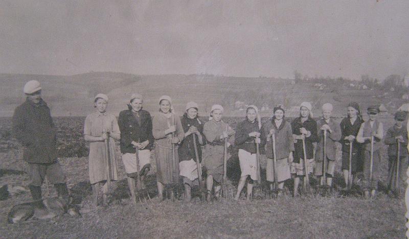 1942-2.jpg - Rozrzucanie gnoju we dworze w Kobylanch w jesieni 1942r. 6 od lewej Stanisława Białogłowicz